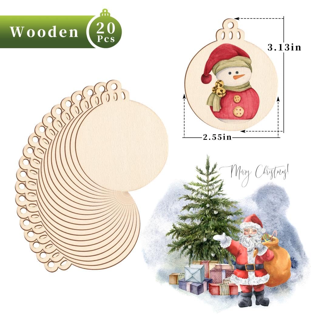 Round Wooden Circles with Holes - 20 Pcs Unfinished Natural Wood Slices for Painting, Crafts Christmas Ornaments DIY Crafts Hanging Decorations WKTFOBM