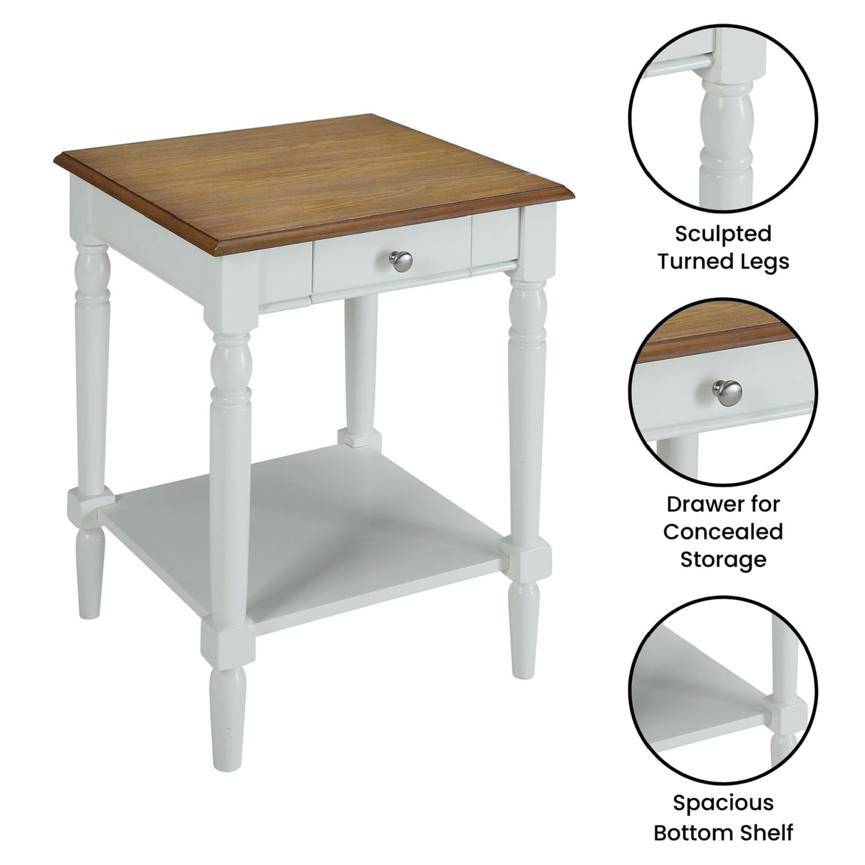 Convenience Concepts French Country End Table 18" -Traditional Farmhouse Side Table with Storage Drawer and Shelf, Living Room, Driftwood/White Convenience Concepts