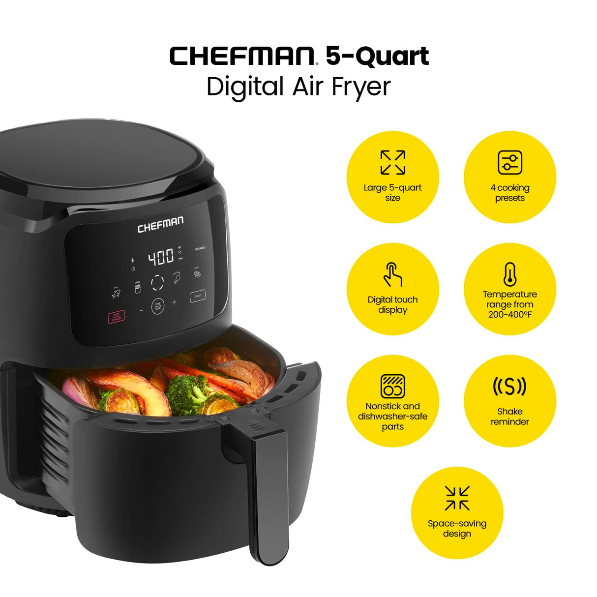 Chefman Digital Air Fryer, Large 5 Qt Family Size, One Touch Digital Control Presets, French Fries, Chicken, Meat, Fish, Nonstick Dishwasher-Safe Parts, Automatic Shutoff, Black Chefman