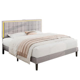 LUXOAK King Size Bed Frame with LED Headboard, Linen Button Tufted Upholstered Platform Bed with USB Charging Station, Strong Wooden Slats Support, No Box Spring Needed, Light Grey LUXOAK