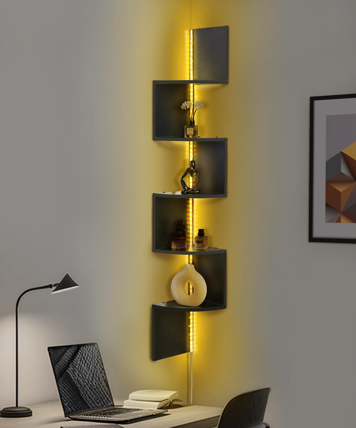 Outink 5 Tiers Corner Shelf with RGB LED Lights, 49.2" Wall Mount Floating Corner Display Shelf for Living Room Bedroom Home Office Decor, APP & Remote Control (Black) Outink