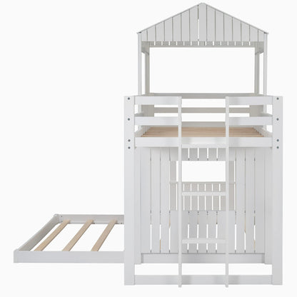 House Bunk Bed Twin Over Full with Playhouse Design for Kids - White Wood Frame by Harper & Bright Designs - WoodArtSupply