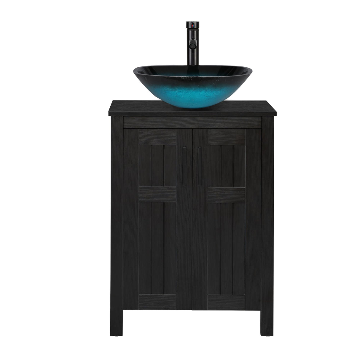 UEV Black 24" Bathroom Vanity with Sink Combo,Modern Vanity with Vessel Sink,Stylish Bathroom Vanity Cabinet,Grooved Doors & Metal Handles,Modern Square Ocean Blue Tempered Glass Vessel Sink(A10) UEV