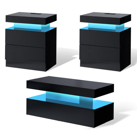 AMERLIFE High Gloss 3 Pieces Living Room Table Set, Modern LED Coffee Table Sets of 3, 2-Tier Center Table with 2 End Side Tables, LED Lights Bedside Table Nightstands with Charging Station, Black AMERLIFE