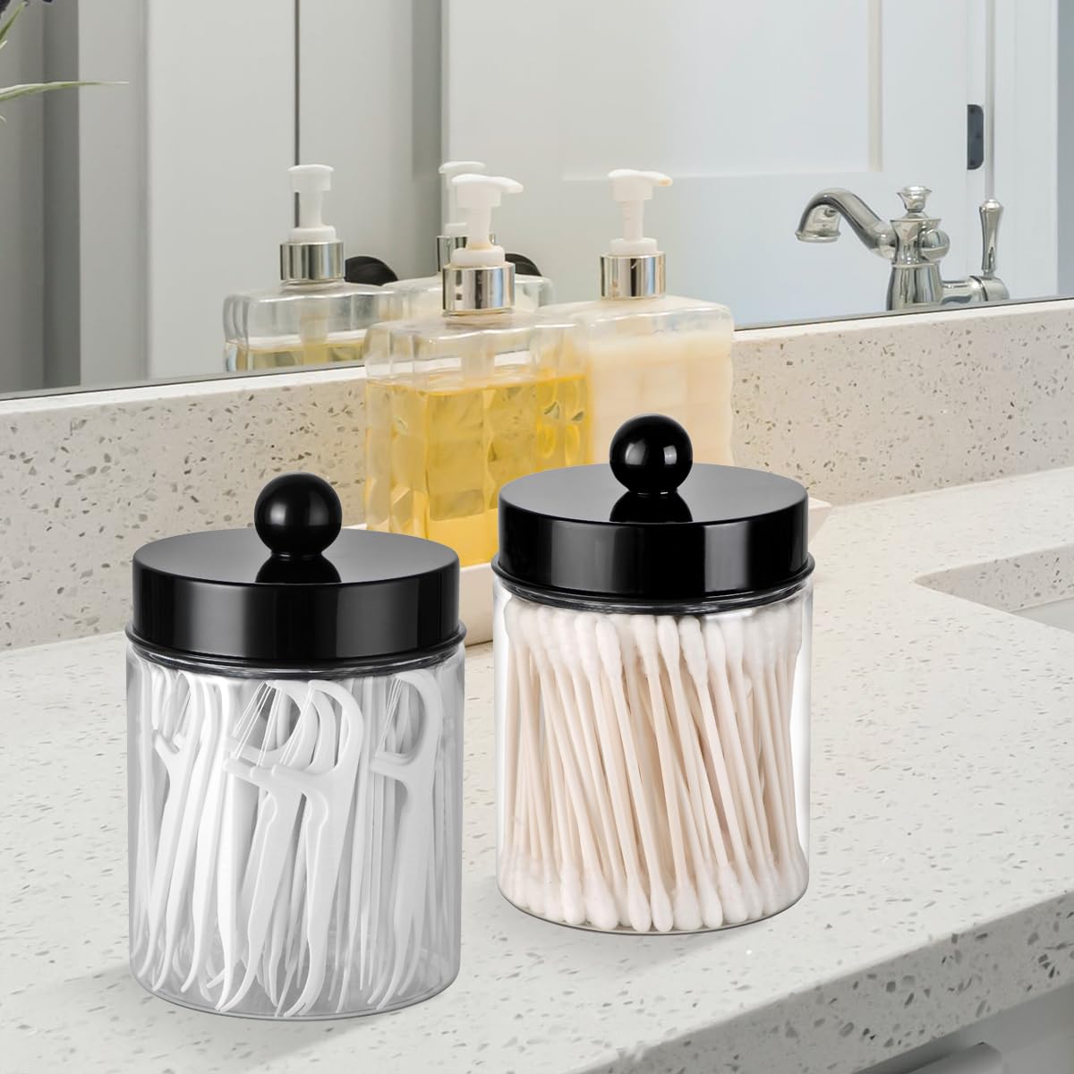 Komashr 3PC Farmhouse Decor Qtip Holder Apothecary Jars Bathroom Vanity Storage Organizer -Countertop Canister Container &Cute Stickers for Cotton Swab, Ball,Pad,Floss ,Paper Clips (Black，Plastic) Komashr