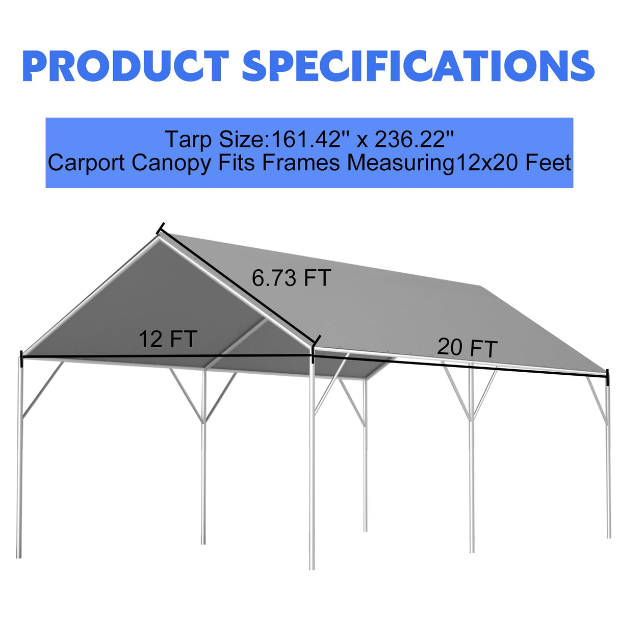 Canopy Tarp Replacement Cover for 12' x 20' Carport Frame, 200G Heavy Duty Replacement Top Cover for Car Garage, Waterproof & UV Protected Tarp with 50 Ball Bungees (Only Cover), Grey Fetuero