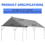 Canopy Tarp Replacement Cover for 12' x 20' Carport Frame, 200G Heavy Duty Replacement Top Cover for Car Garage, Waterproof & UV Protected Tarp with 50 Ball Bungees (Only Cover), Grey Fetuero