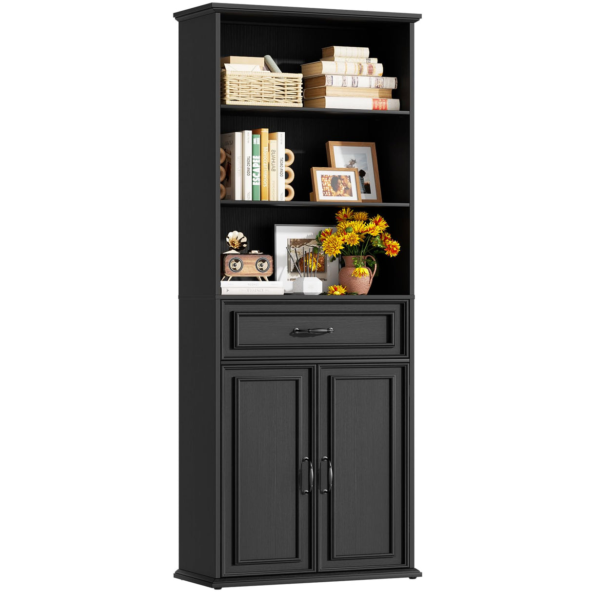 Cyclysio 80" Tall Bookcase, Farmhouse Bookshelves with Drawer and Doors, Floor Standing 6 Shelf Display Storage Cabinet for Home Office, Living Room (1, Black) Cyclysio
