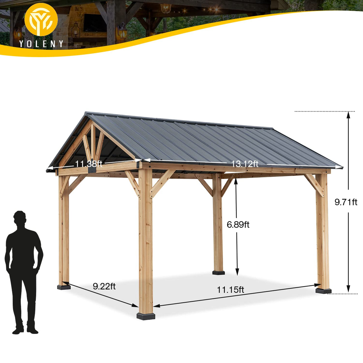 YOLENY 11' x 13' Wood Gazebo Outdoor Gazebo Spruce Wood Framed Gazebo with Black Steel Hardtop Roof for Garden, Patio, Lawns, Parties YOLENY