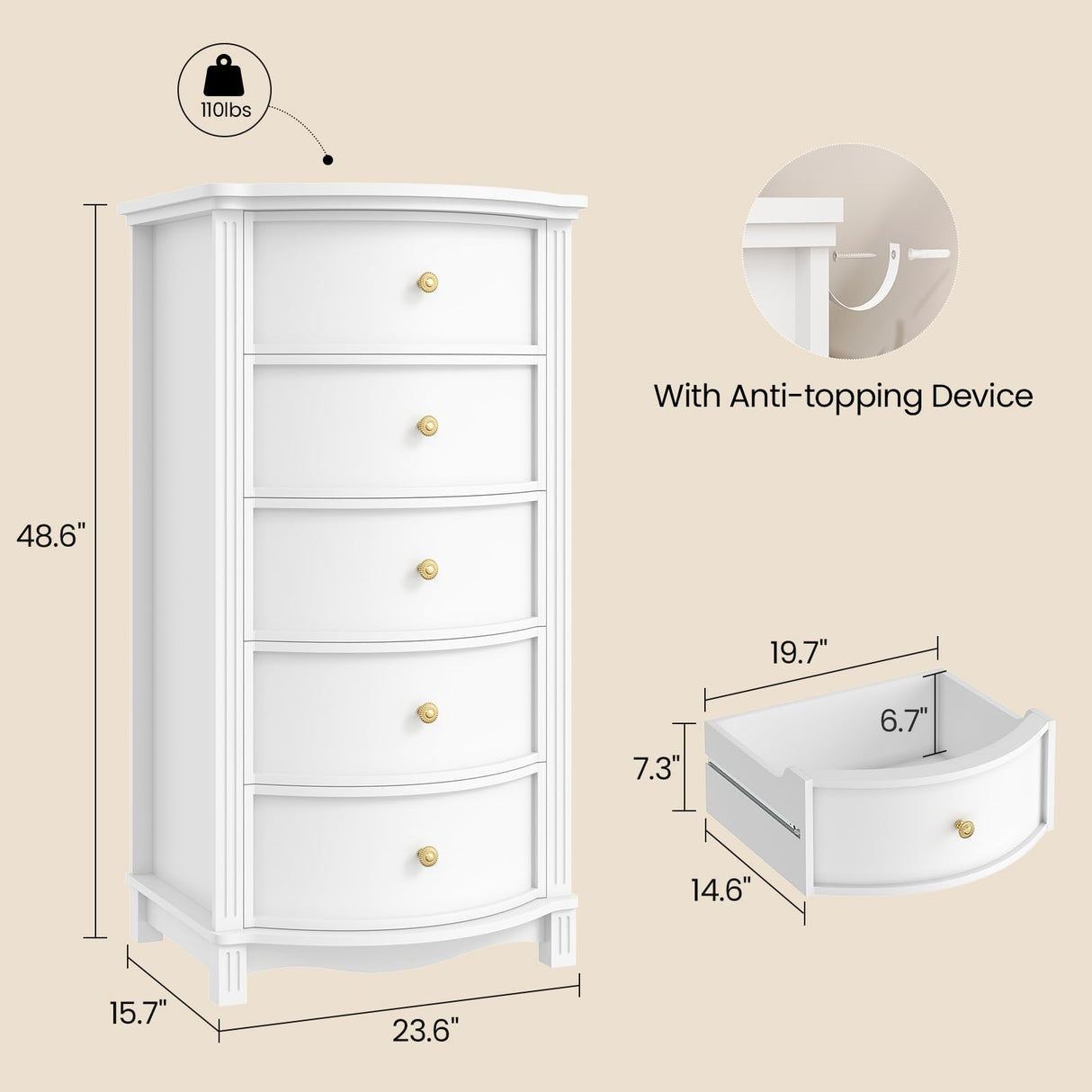UPOSOJA AuraCurve Tall 5-Drawer Chest, Elegant Dresser with Five Arc Fronts, Roman Column Decor, Slim Floor Standing Storage Cabinet, 48.6x23.6x15.7 Inches(White, 5 Drawer) UPOSOJA