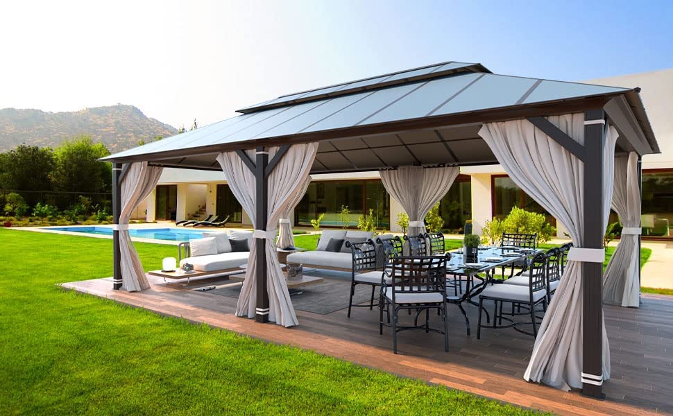 YOLENY 12' X 20' Hardtop Gazebo, Aluminum Composite Ventilation Double Roof Permanent Outdoor Pavilion Pergola Party Tent for Patio, Lawn, Garden, Poolside, Curtains and Netting Included YOLENY
