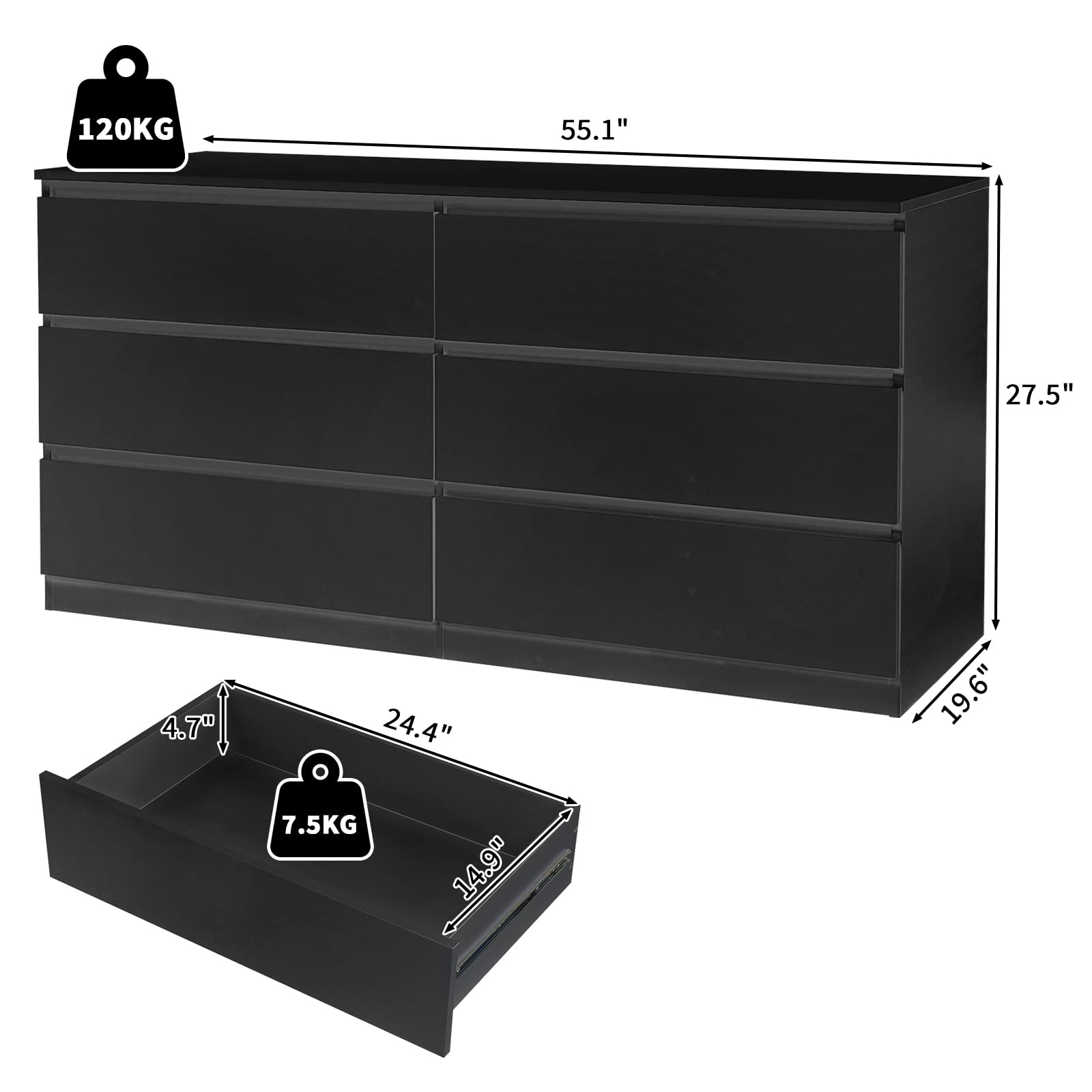 Karl home 6 Drawer Black Dresser for Bedroom, Wood Dresser with Deep Drawers, Long Dresser with Cut-Out Handles, 55" Wooden Dresser with Large Storage, Double Dresser Chest of Drawers - WoodArtSupply