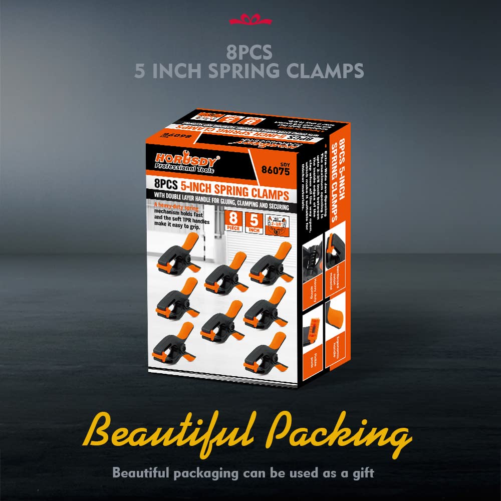 HORUSDY 8-Pack Spring Clamps Heavy Duty, 5-inch Large Plastic Clamps for Crafts with 2-3/8Inch Jaw Opening for DIY, Gluing, Clamping and Securing HORUSDY