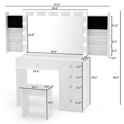 Makeup Vanity Desk with Lighted Mirror & Power Outlet & 5 Drawers, Vanity Table with 3 Lighting Modes Brightness Adjustable, Sliding Storage, White Vanity Set for Bedroom - WoodArtSupply