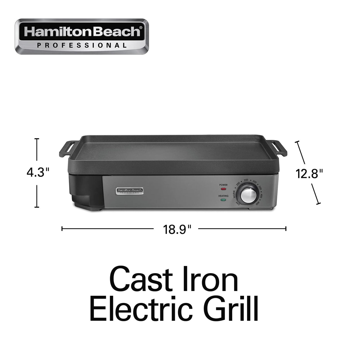 Hamilton Beach Professional Cast Iron Indoor Electric Grill & Griddle, 10" x 16" Preseasoned Cooking Surface, Adjustable Temperature up to 450° F, Black (38560) Hamilton Beach Professional