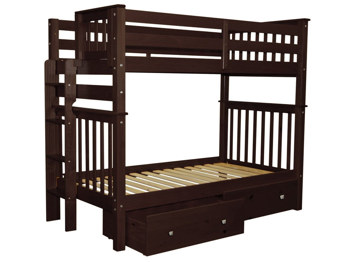 Bedz King Tall Bunk Beds Twin over Twin Mission Style with End Ladder and 2 Under Bed Drawers, Dark Cherry Bedz King