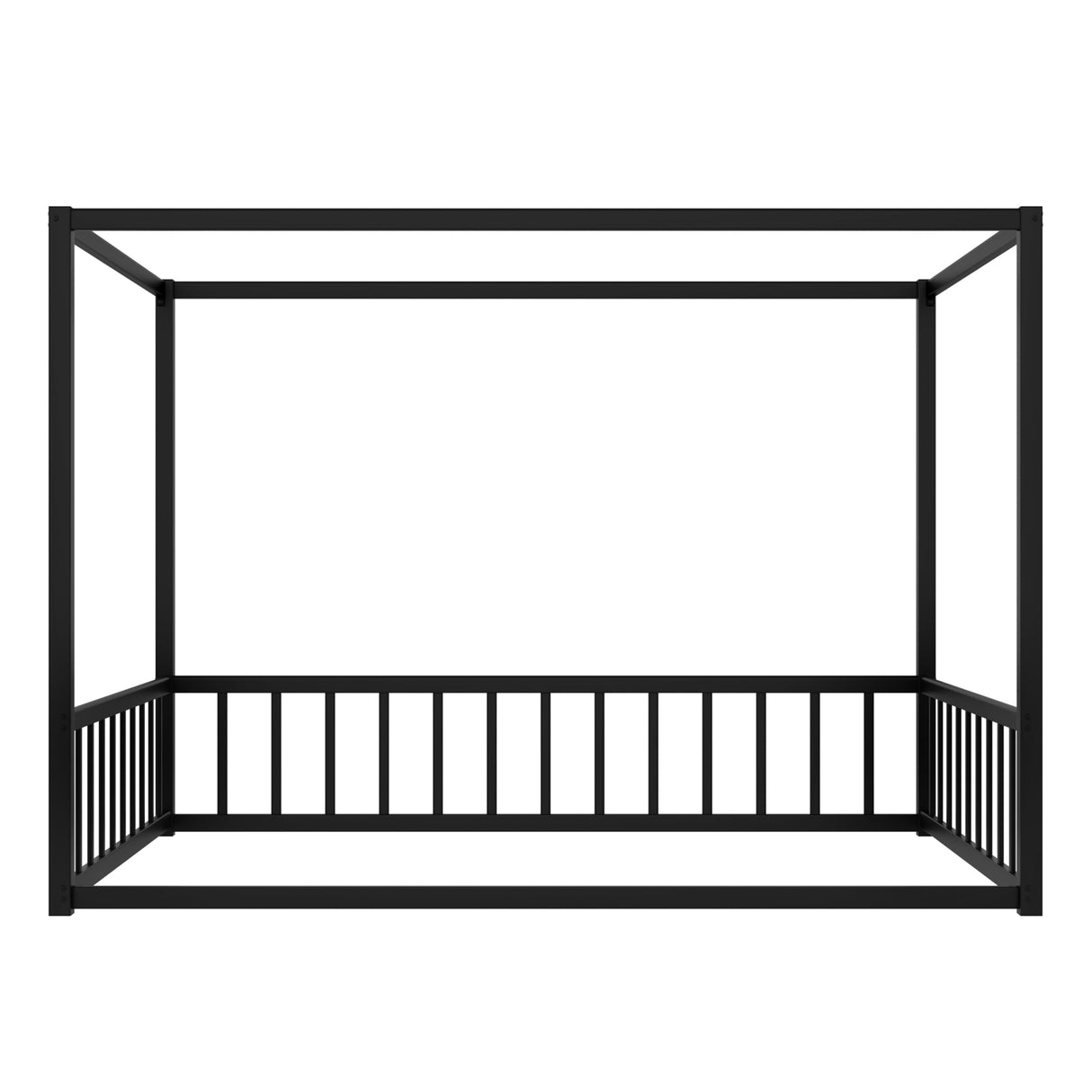 Full Size Canopy Floor Bed with 4 Posters and Guardrails, Full Size Montessori Floor Bed with High Fence, Anti Bump Design, Easy Assemble Montessori Beds, Heavy Duty Canopy Beds Black Bellemave
