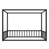 Full Size Canopy Floor Bed with 4 Posters and Guardrails, Full Size Montessori Floor Bed with High Fence, Anti Bump Design, Easy Assemble Montessori Beds, Heavy Duty Canopy Beds Black Bellemave