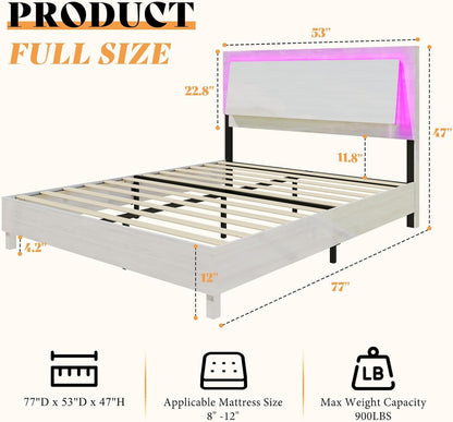 AMERLIFE Modern High Gloss Platform Bed with Smart RGBW LED Lights and Ergonomic Headboard, White Woodgrain Finish - WoodArtSupply