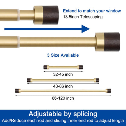 Wood Curtain Rods for Windows: 1 Inch Diameter Heavy Duty Adjustable Curtain Rod 48" to 84", Decorative Single Window Curtain Rods with Imitation Wood Grain Finials,Gold Window Drapery Rod for Bedroom