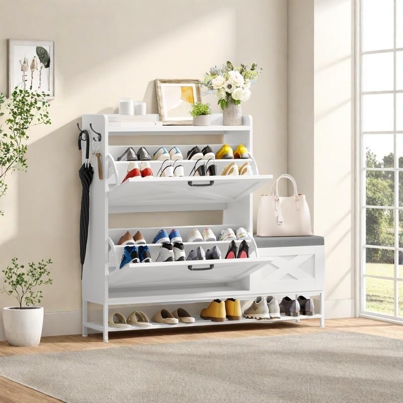 DWVO Farmhouse Shoe Cabinet Bench with 2 Flip Drawers for 16 Pairs, Chic Entryway Bench and Rustic Design for Living Rooms and Hallways (White) DWVO