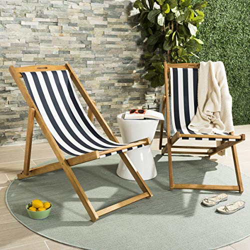 Safavieh PAT7040A-SET2 Outdoor Collection Loren Teak, White Foldable Sling Adirondack Chair, Natural/Navy Stripe Safavieh
