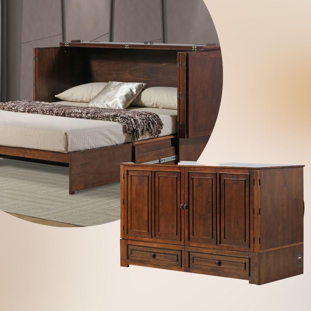 Mega Solutions Emurphybed Paradiseo Murphy Cabinet Chest Bed with Charging Station 6 Inch, Queen (Tobacco) Mega Solutions