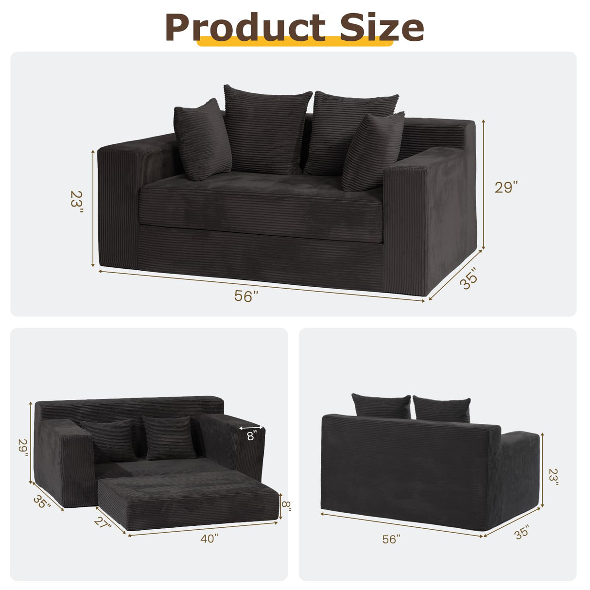 Convertible Sofa Bed, 3 in 1 Loveseat Folding Couch Bed Foldable - Chaise Lounge Chair & Floor Futon Sleeper, Corduroy Pull Out Sofa Bed with 4 Pillows for Living Room, Black cidludto