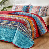 WONGS BEDDING Boho Quilt Set King Size, Bohemian Red Christmas Stripe 3 Pieces Bedspread Set Lightweight Microfiber All Season Christmas Bedding Coverlet Set for King Bed (104"x90") WONGS BEDDING