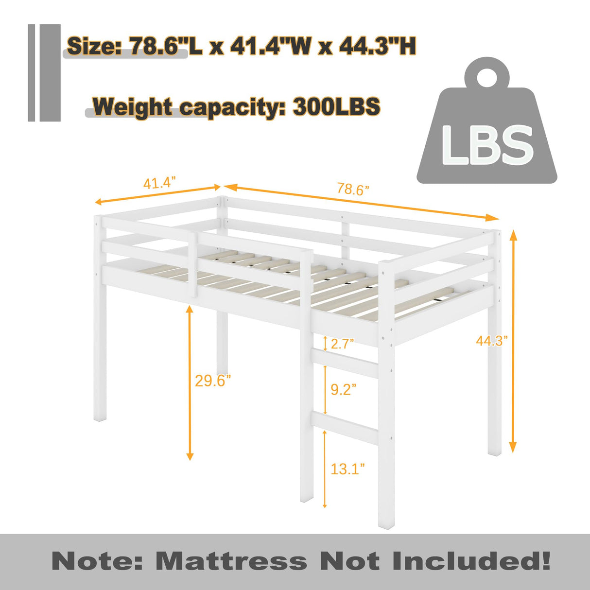 Anwick Twin Low Loft Bed with Stairs and High Guardrail, Wood Junior Loft Bed Frame for Kids Toddler, Space Saving, No Box Spring Needed (White) Anwick