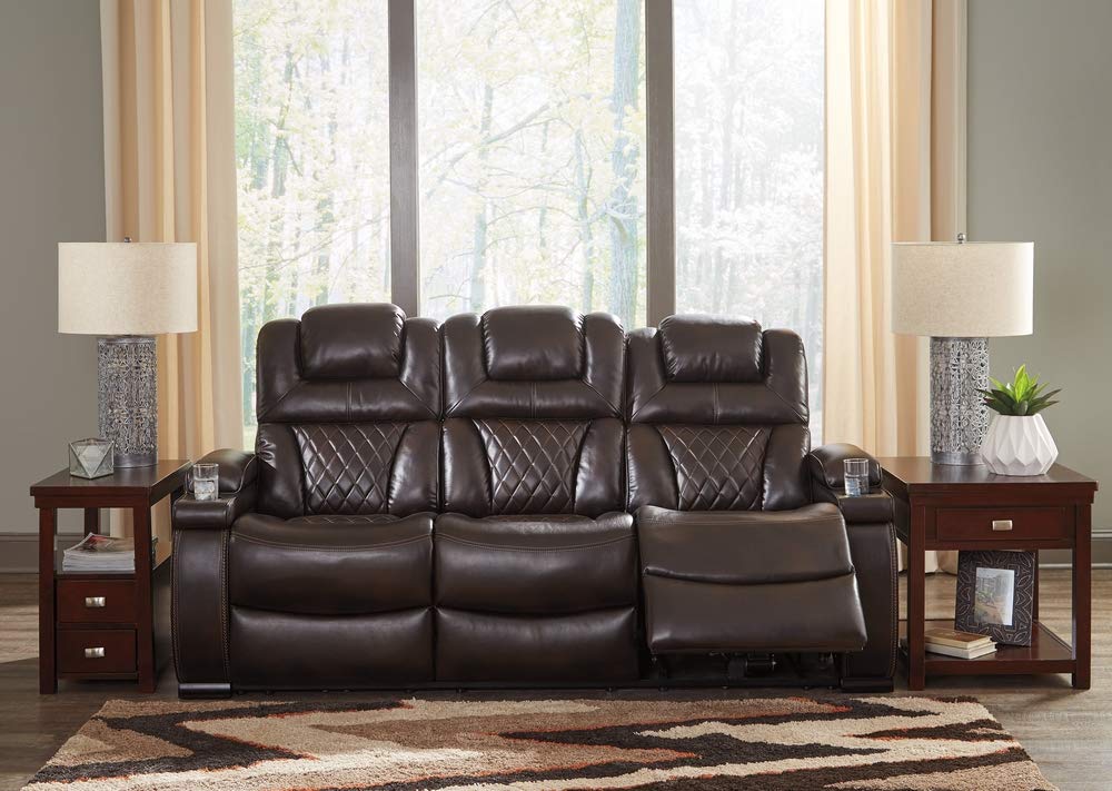 Signature Design by Ashley Warnerton Faux Leather Power Reclining Sofa with Adjustable Headrest, Brown