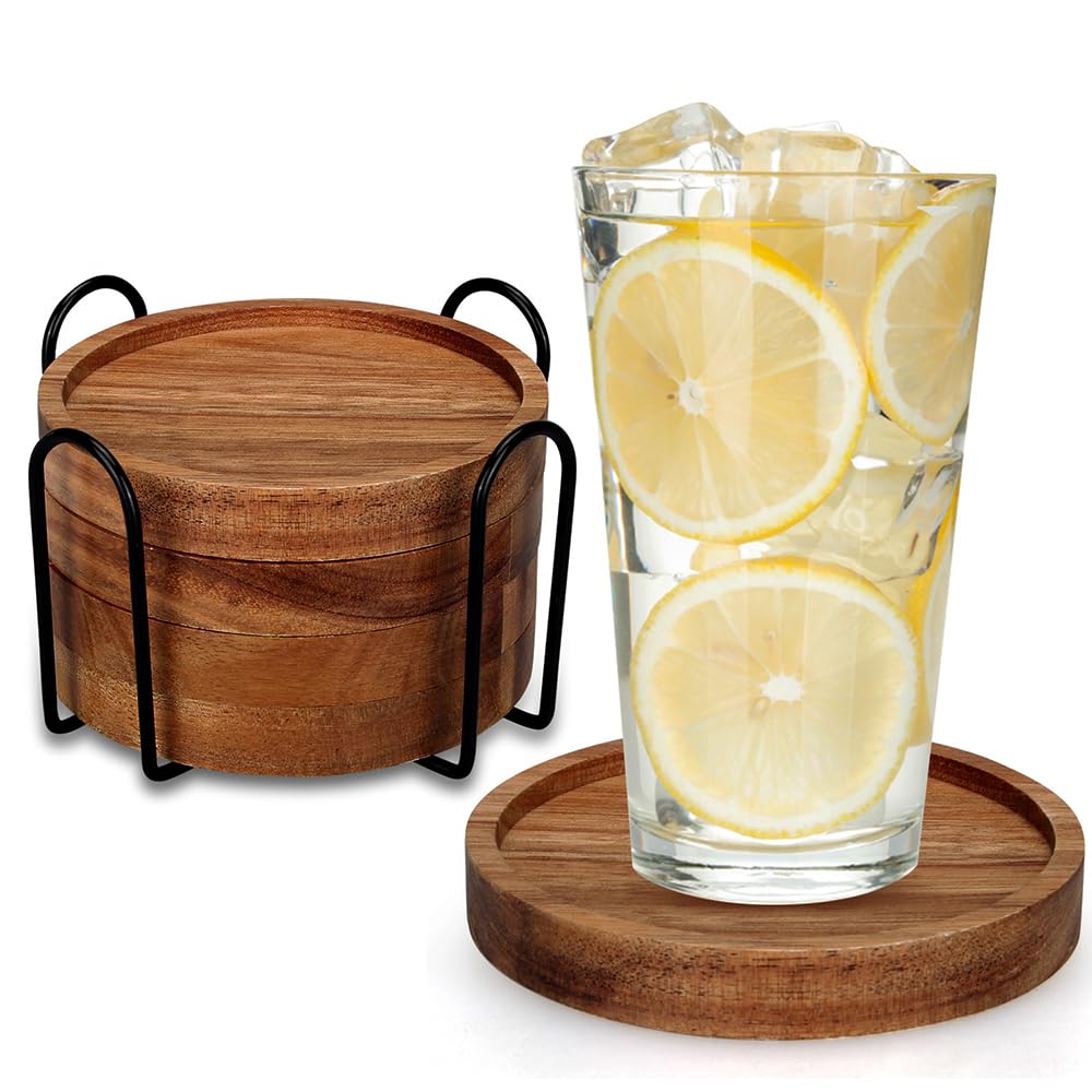 4 Pcs Farmhouse Wooden Coasters with Holder Cute Wood Drink Coaster Set Outdoor Beer Coaster Home Decoration Coffee Table Decor Gift Beverage Cup Coasters Bar Dining Table Accessories Modern Coasters Renawe