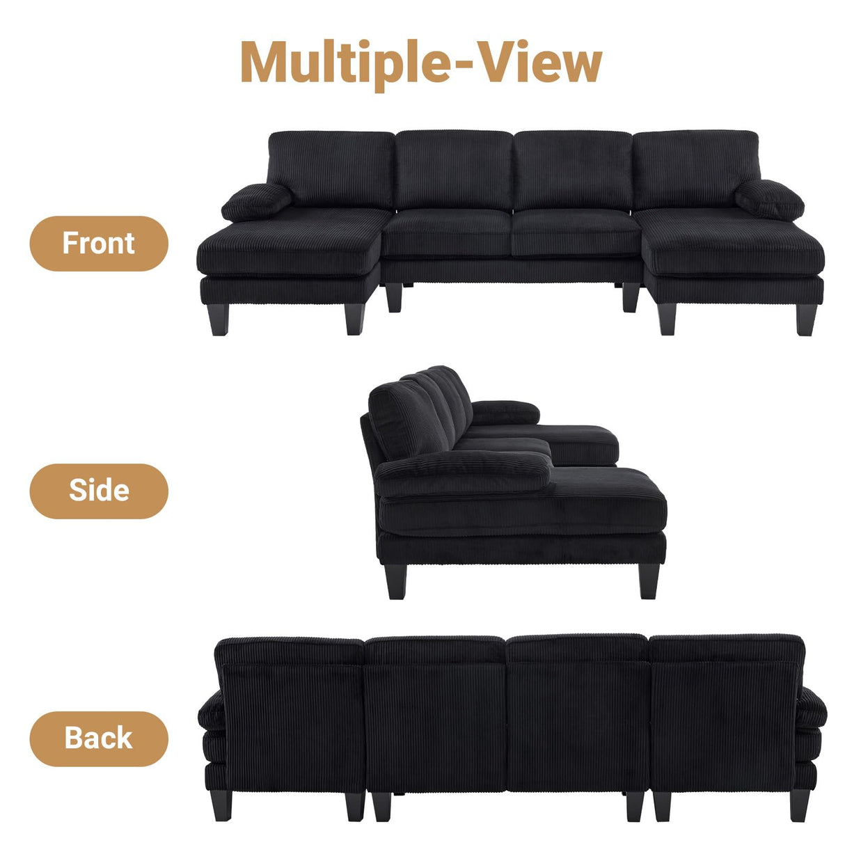 VINGLI 110" Sectional Couches for Living Room,U Shaped Couch with Double Chaise, 4-Seat Sofa Set with Corduroy Fabric for Home Furniture,Black VINGLI