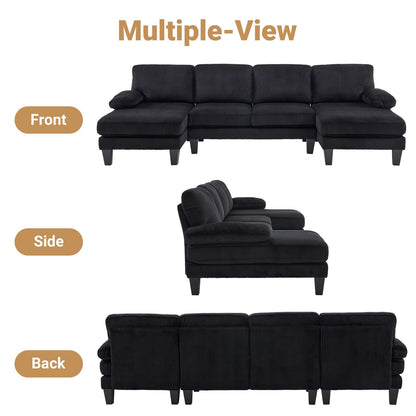 VINGLI 110" Sectional Couches for Living Room,U Shaped Couch with Double Chaise, 4-Seat Sofa Set with Corduroy Fabric for Home Furniture,Black