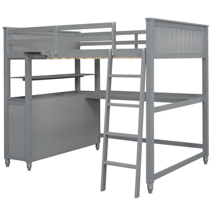 Harper & Bright Designs Grey Full Size Loft Bed with Desk, Storage Drawers, and Shelves for Kids and Teens