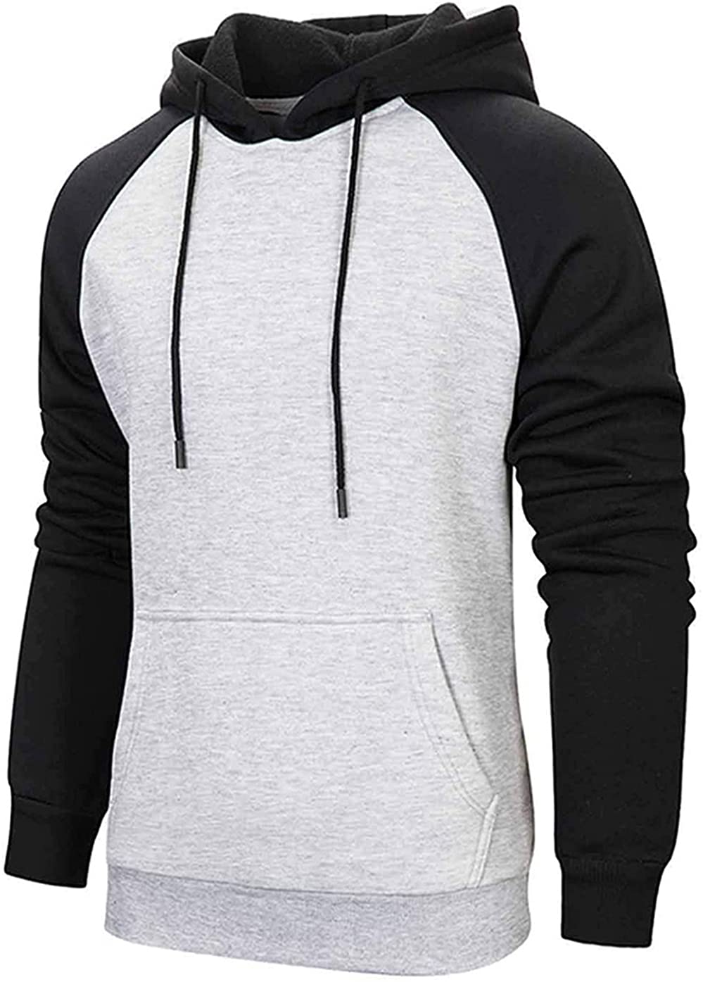 Wielsscca Mens Hoodies Patchwork Pullover Color Block Sweatshirts Casual Drawstring Tops with Pocket Light Gray XL