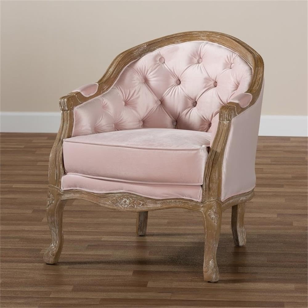Baxton Studio Genevieve Traditional French Provincial Light Pink Velvet Upholstered White-Washed Oak Wood Armchair Baxton Studio
