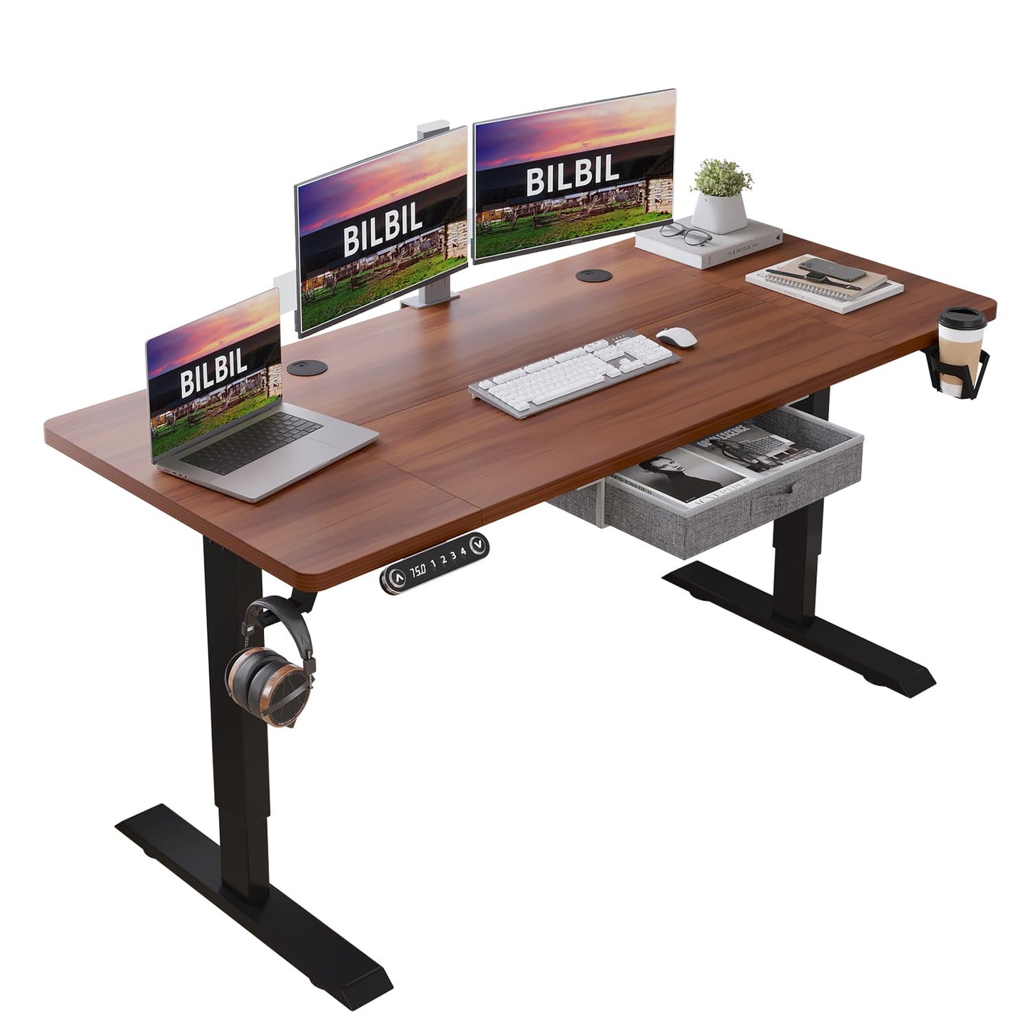 bilbil 63x30 Inches Electric Standing Desk with Drawer, Height Adjustable Sit Stand Up Desk with 4 Splice Boards, Home Office Desk Computer - WoodArtSupply