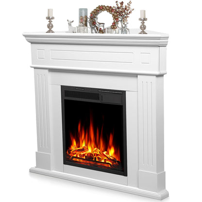 R.W.FLAME 43” Corner Electric Fireplace Mantel Wooden Surround Firebox, TV Stand with Freestanding Electric Fireplace, Remote Control, Adjustable Led Flame, 750W/1500W Pearl White