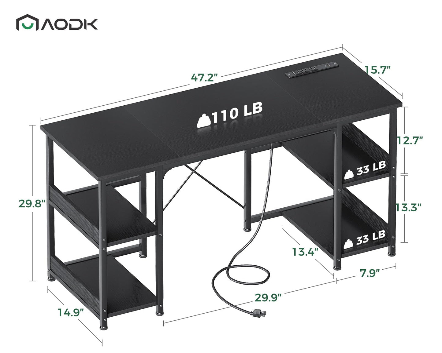 AODK 48 Inch Small Computer Desk with Power Outlets & Type-C, Home Table with Storage Shelves, Student Laptop PC Desks for Small Spaces Home Office Writing Desk, Kids Desk, Black