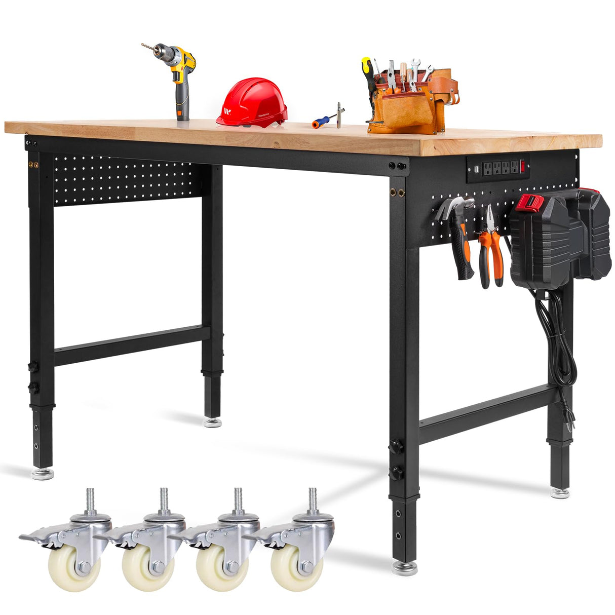 MUWOOD 48" L×24”W Adjustable Workbench with Wheels, 28”-40”Height Heavy Duty Table 2000 LBS Load Capacity, Work Bench with Power Outlet & Pegboard, Rubber Wood Work Table for Garage, Office, Workshop MUWOOD