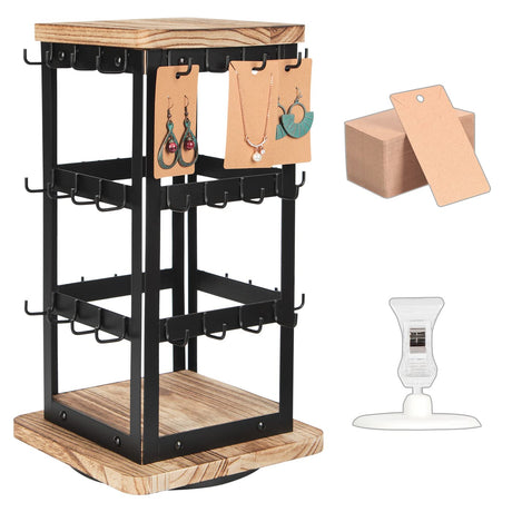 Jewelry Display for Vendors Rotating Earring Tower Holder Organizer, Jewelry Display Rack, Vintage Farmhouse Style Stand for Necklaces, Piercings with 48 Hooks and Wood Tray Black Metal Shelf -MK1073A J JACKCUBE DESIGN