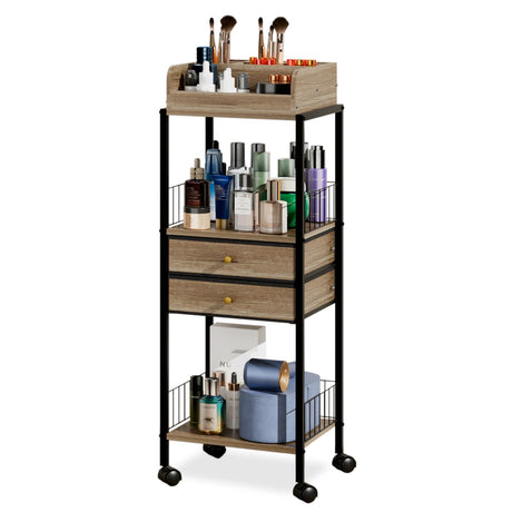 Makeup Organizer Cart Shelf Floor Skincare Organizers Make Up and Station Storage Cabinet For Vanity Standing Cosmetics With Drawers and Wheels For Nail Polish Perfume Hair Tool Beauty(Grey Oak) lurcns