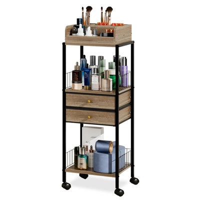 Makeup Organizer Cart Shelf Floor Skincare Organizers Make Up and Station Storage Cabinet For Vanity Standing Cosmetics With Drawers and Wheels For Nail Polish Perfume Hair Tool Beauty(Grey Oak)