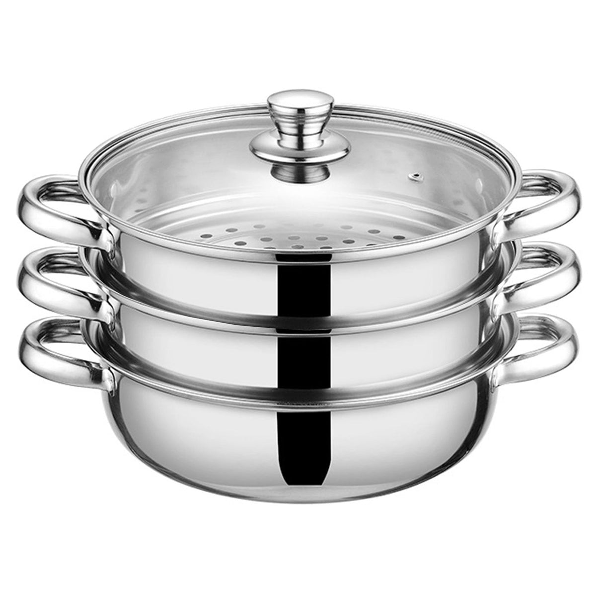 Steamer Pot for Cooking 11-inch Steam Pots with Lid, Multipurpose Steam Pot Stainless Steel Steaming Pot Cookware with Handle for Vegetable, Stews, Pasta, Dumpling, Sauce, Food (3 Tier) KDLCY