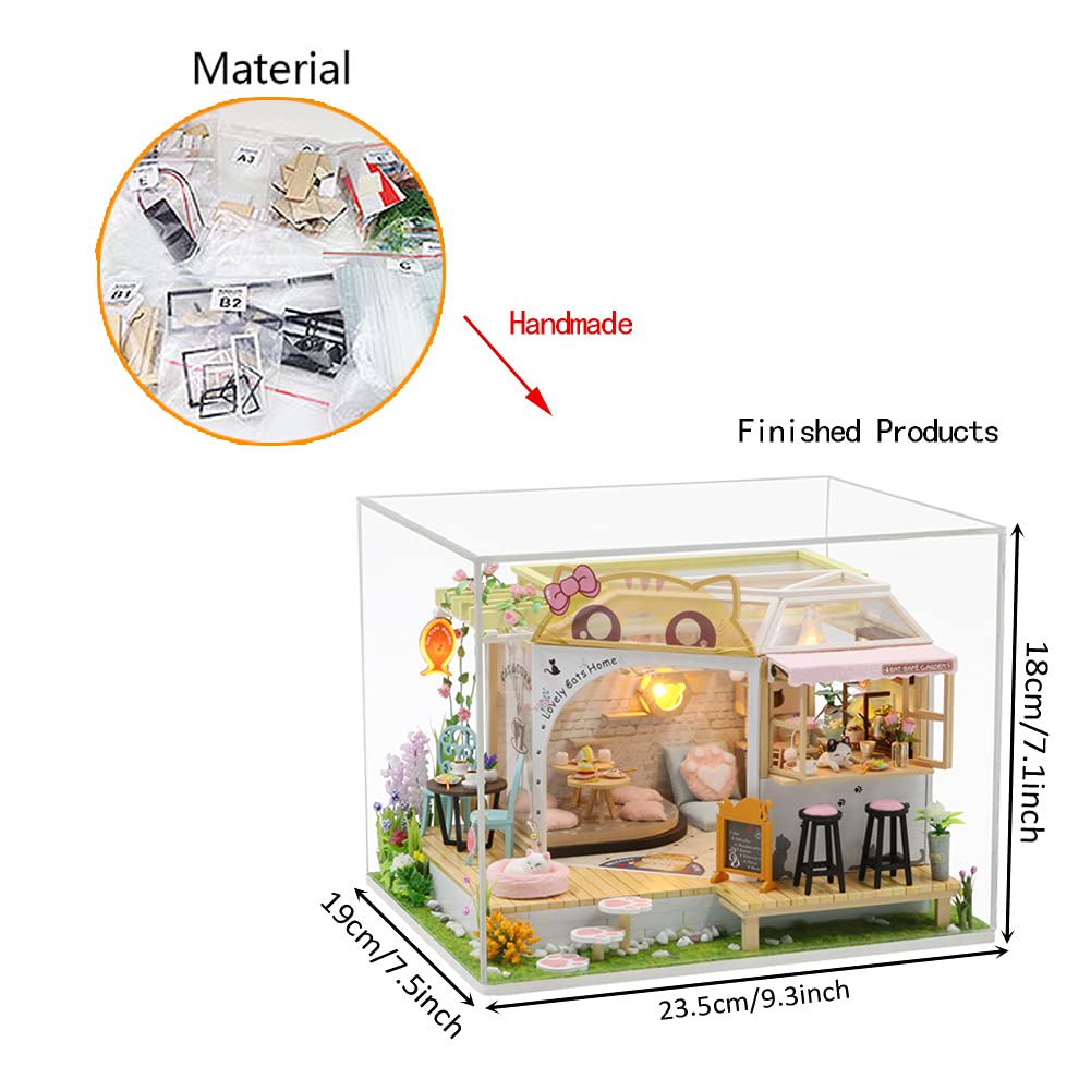 SYW DIY LED Lights Miniature Dollhouse Kit Cat Coffee Doll House Model Wooden Furniture for Christmas 's Day Creative Gifts with Dust Cover and Music （Cat Coffee Shop ） SYW