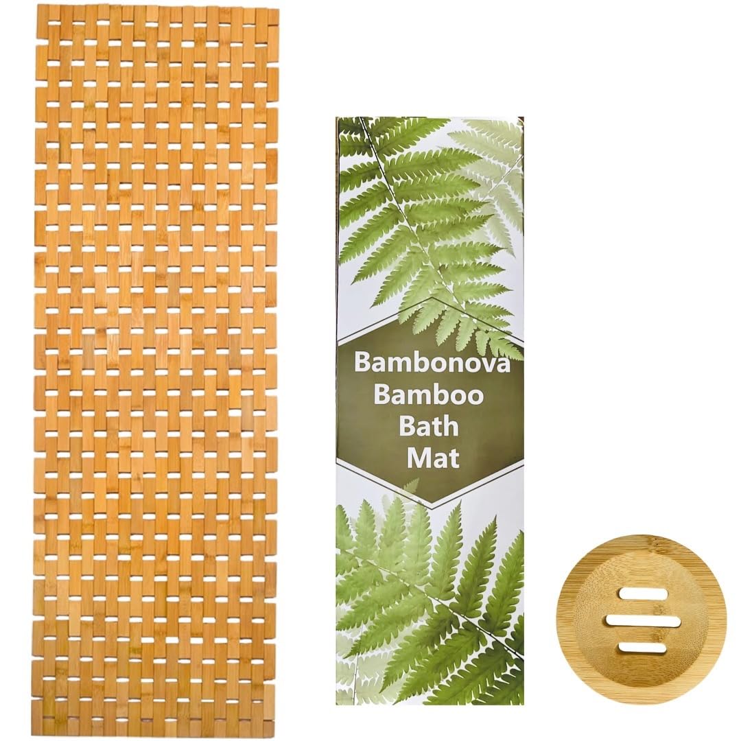 Bambonova Bamboo Bath Mat 48 x 16 Inches and Wooden Soap Dish Set Bathroom Rugs Bathtub Mat Non Slip Bath Mats for Bathroom, Kitchen Sauna Spa Hot Tub Outdoor Decor - WoodArtSupply