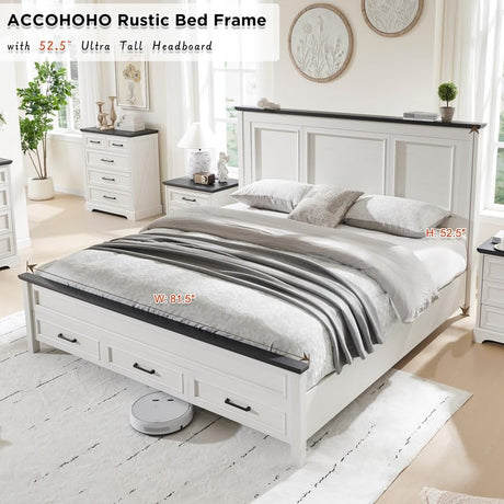 ACCOHOHO Rustic King Size Bed Frame with Tall Full-Panel Headboard and Storage Drawers in Antique White ACCOHOHO