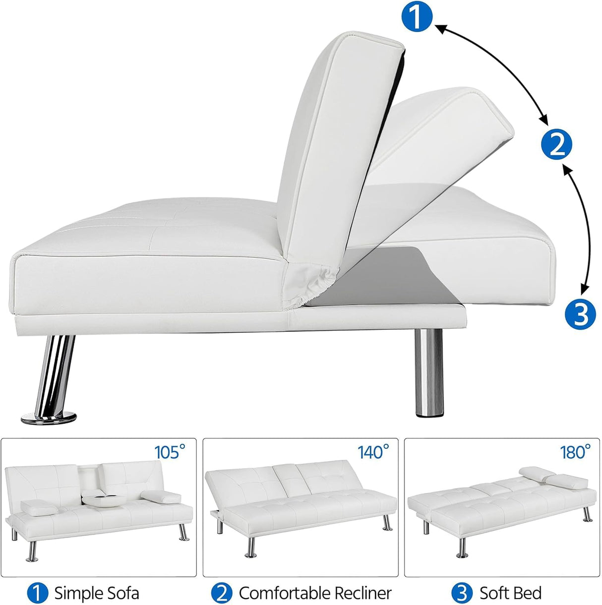Futon Sofa Bed Modern Folding Couch for Small Space, Faux Leather Convertible Loveseat Sleeper Bed Daybed Recliner Lounge Sofas for Living Room,2 Cup Holders,Metal Legs,Removable Armrests (White) Anwick