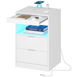 Tiptiper LED Nightstand with Wireless Charging Station, Bedside Table with LED Lights, End Table with 2 Drawers, 1 Pull-Out Tray and Open Storage, Modern Night Stand with USB Ports and Outlets, White Tiptiper